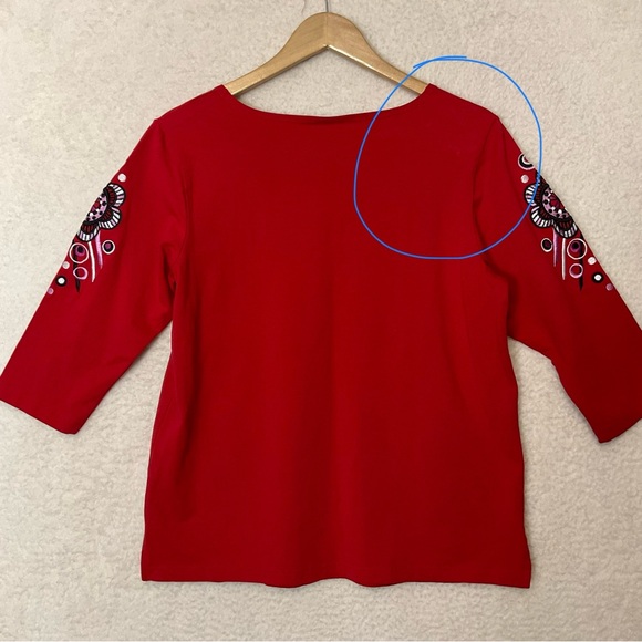 BOB MACKE sz Medium Pullover Blouse Rounded Neck Half Sleeves Embroidery Red + - Picture 5 of 5